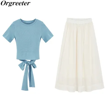 

2020 Summer New Women Sweet Bowknot Irregular Solid Cotton Tshirt + Solid Ball Gown A-line Skirts Two piece Sets