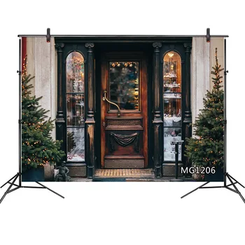 

Nordic City Street Shop Fir Trees Christmas Digital Photography Backdrops Customized Winter Holidays Background for Camera Photo