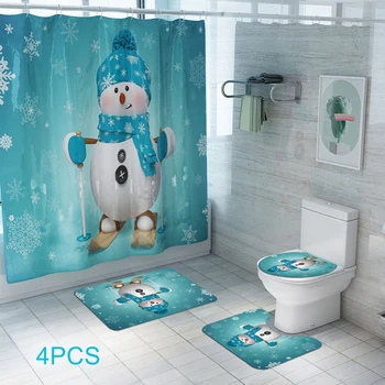 

4pcs Christmas Decoration Home Toilet Seat Cover Bathtub Rug Shower Curtain Set Christmas Print Bathroom Decorations Supplies