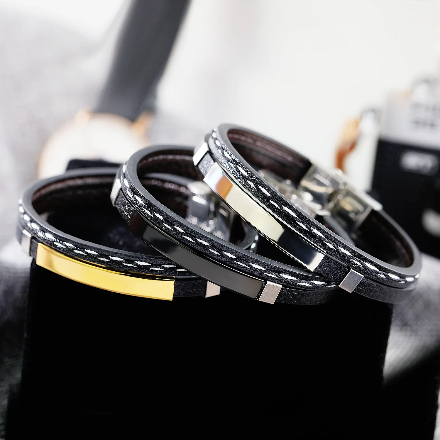 Trendy Custom Logo Engrave Name Bracelet Men Women Glossy Woven Friendship Id Bracelet Leather Stainless Steel Bracelet