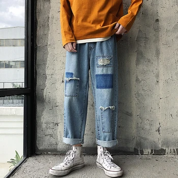 

Autumn Hole Jeans Men Fashion Washed Solid Color Casual Straight Jeans Man Streetwear Hip Hop Loose Hole Patch Denim Pants Men