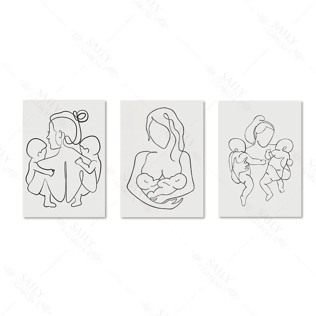 Family Portrait Mom Two Baby Twins Art Line Drawing Poster Prints Nursery Decorative Picture Abstract Minimalist Canvas Painting 3pcs