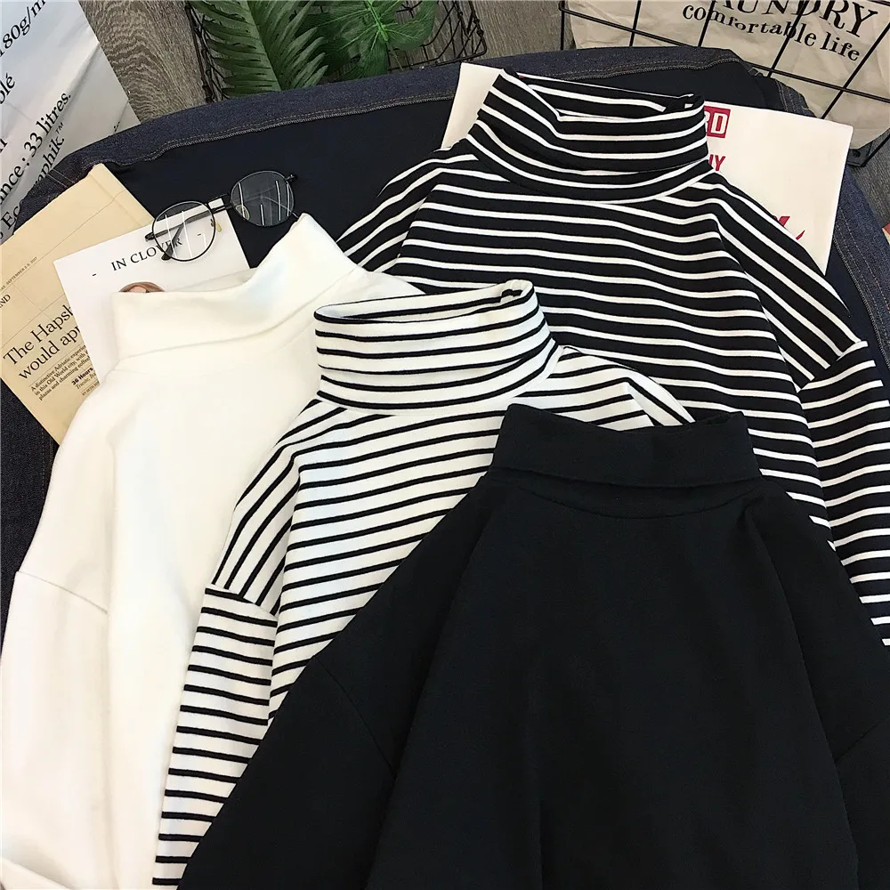 Корейский Harajuku полосатый водолазка с длинным рукавом футболки весна осень Тонкий Эластичность футболка Femme женская футболка белый черный топы