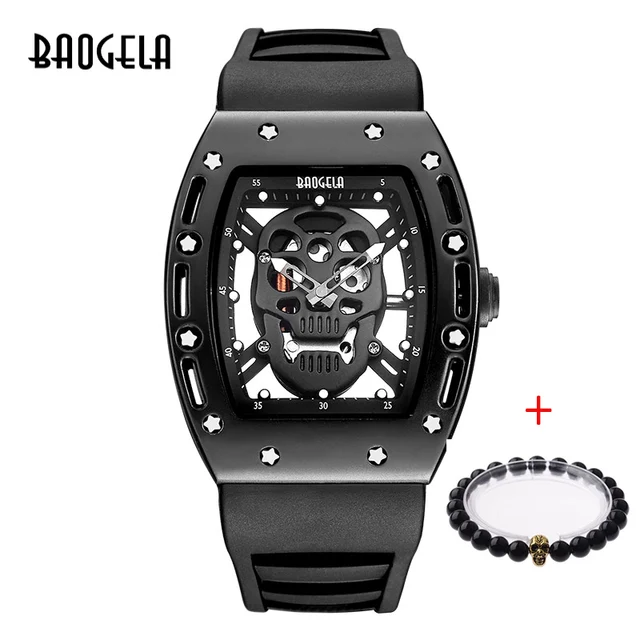 Baogela hommes mode militaire bracelet en Silicone Rectangle cadran crâne visage Sport Quartz montres BGL1612G-1 1612HH