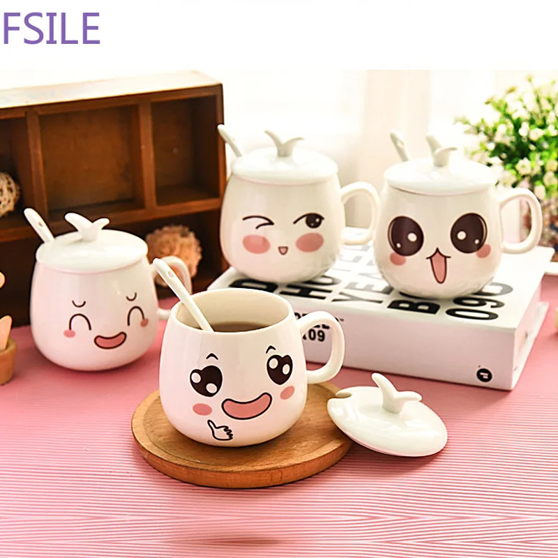 320ml Cute Cartoon Expression Ceramic with Lid with Spoon Coffee Mug Creative Drink Coffee Cup Tea Cup Novelty Milk Cup