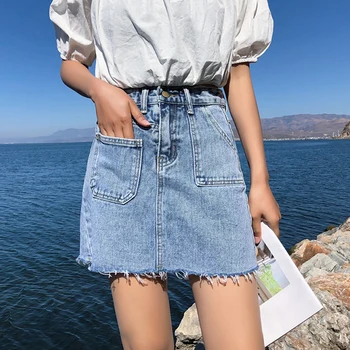 

Blue Pockets Casual Mini Denim Skirt 2020 Spring Summer New Bodycon Women Skirt Basic Women Jeans Skirt High Waist Saias