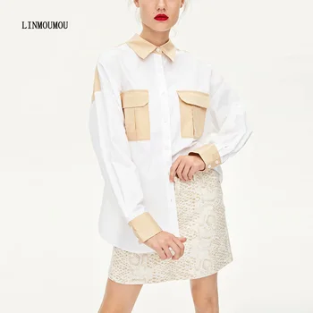 

Women's Lapel Colorblock Shirt Double Pocket Top Long Sleeve Button Loose Casual Top