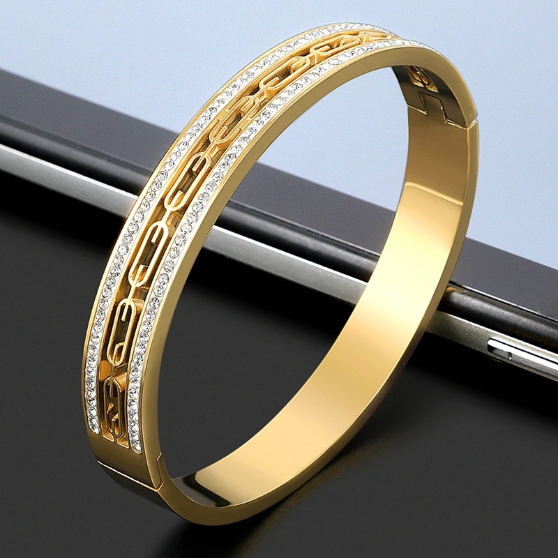 Trend Wedding Party Charm Bracelet Jewelry Pulsera Vintage Stainless Steel Square Open Cuff Crystal Zircon Bangles for Men Women bangle bracelet zirconia bangle