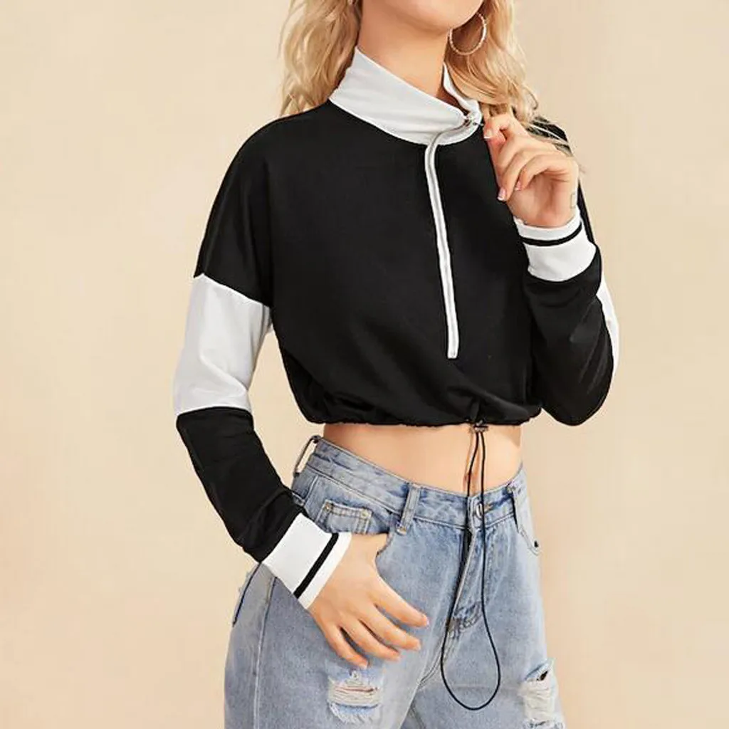Jaycosin 2019 Fashion Autumn Women Zipper Patchwork Sweatshirt Stylish Long Sleeve Comfortable Casual Pullover Blouse Top 104#10