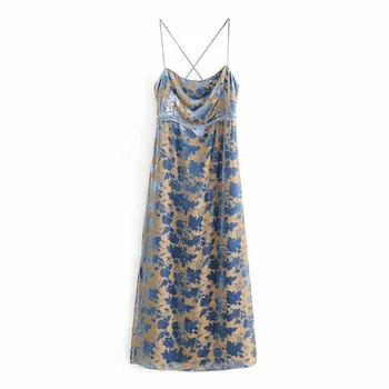 

Summer 2020 Women's New Straight Collar Cross Sling Velvet Dress with Lined Bow Decoration Hem Side Split Print Long Dress