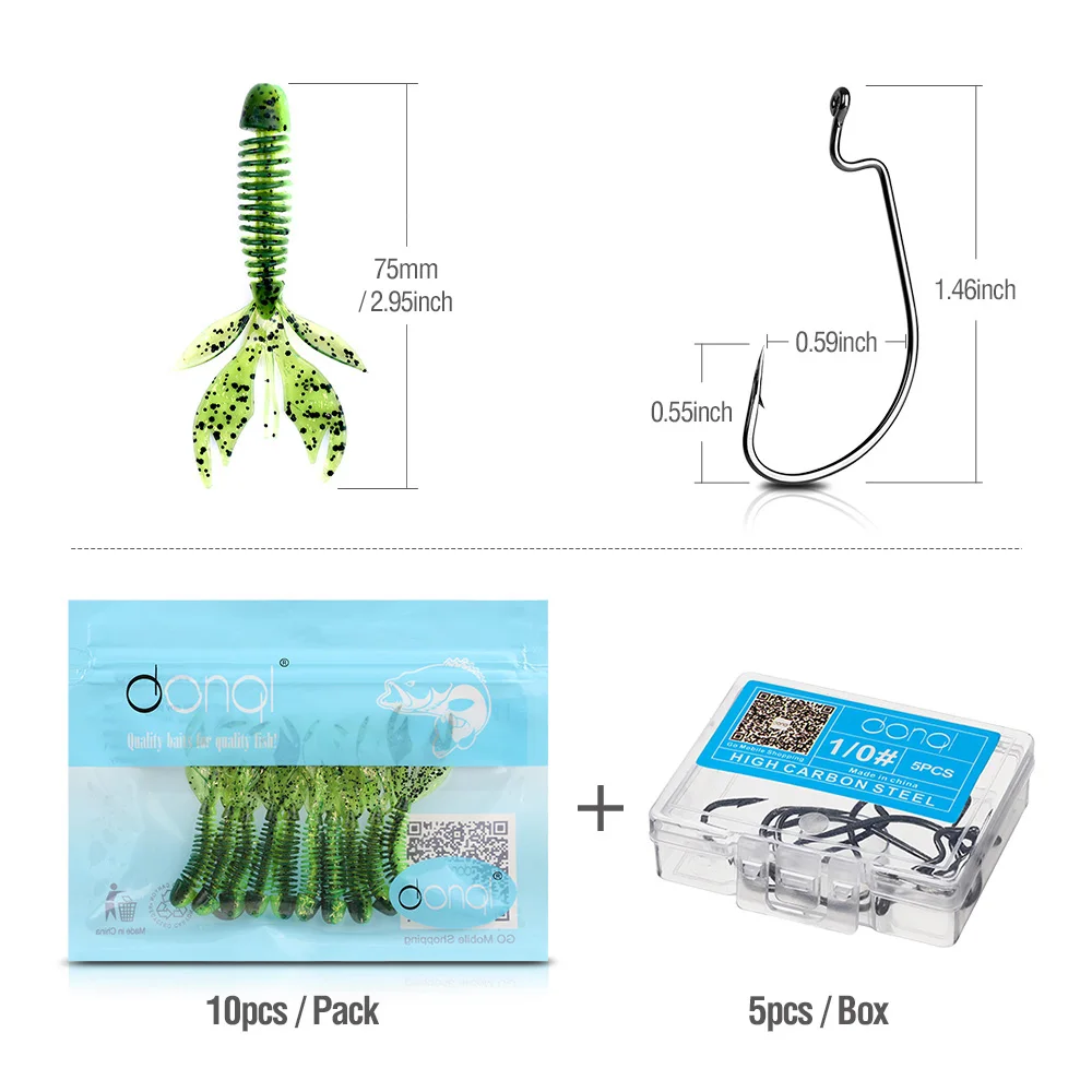 DONQL 10Pcs Soft Silicone Fishing Lure Artificial Worm Rubber Soft Swimbait Lifelike Fishy Smell Lures With 5Pcs Crank Fishhook