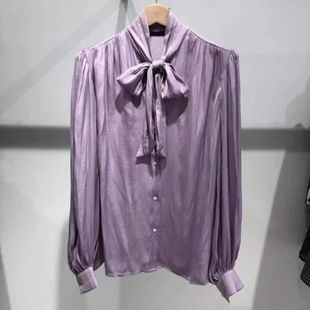 

Women Shirt 2019 Autumn and Winter New Drape Fabric Neckline Can Be Tied Loose Long-sleeved Blouse