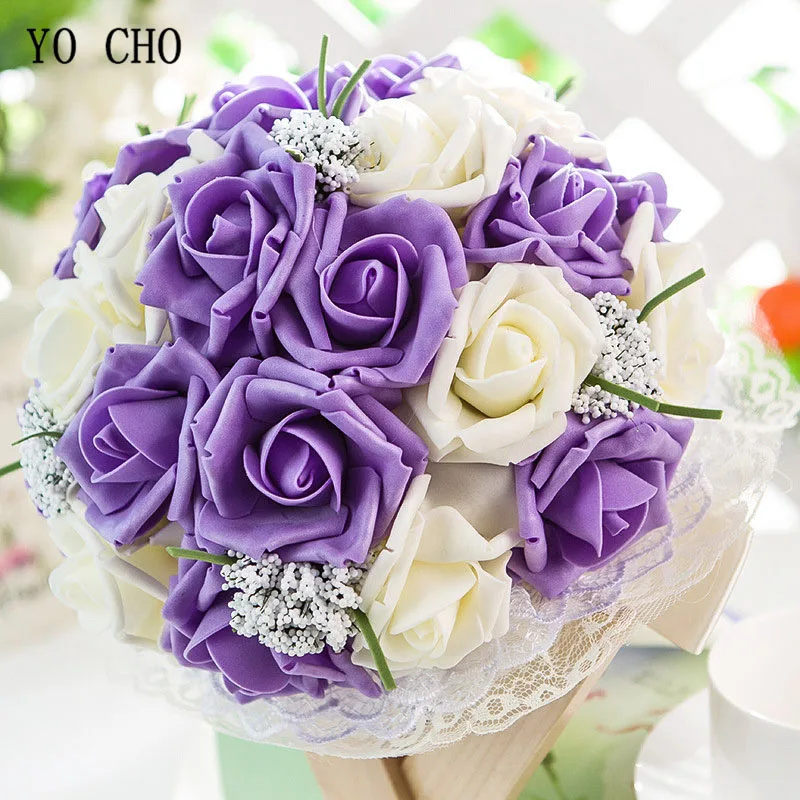 Purple-white Йо Чо искусственные розы цветы свадебные букет Свадебный букет розы Букет невесты поддельные розы Свадебный букет цветы - Цвет: Purple-white