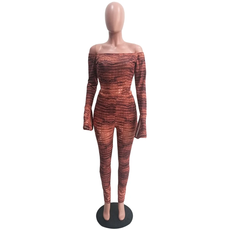 Tsuretobe сексуальный с открытыми плечами сетчатый комбинезон для женщин принт выдалбливают вечерние Ползунки длинные факельные рукава Комбинезоны с вырезом лодочкой Vestidos