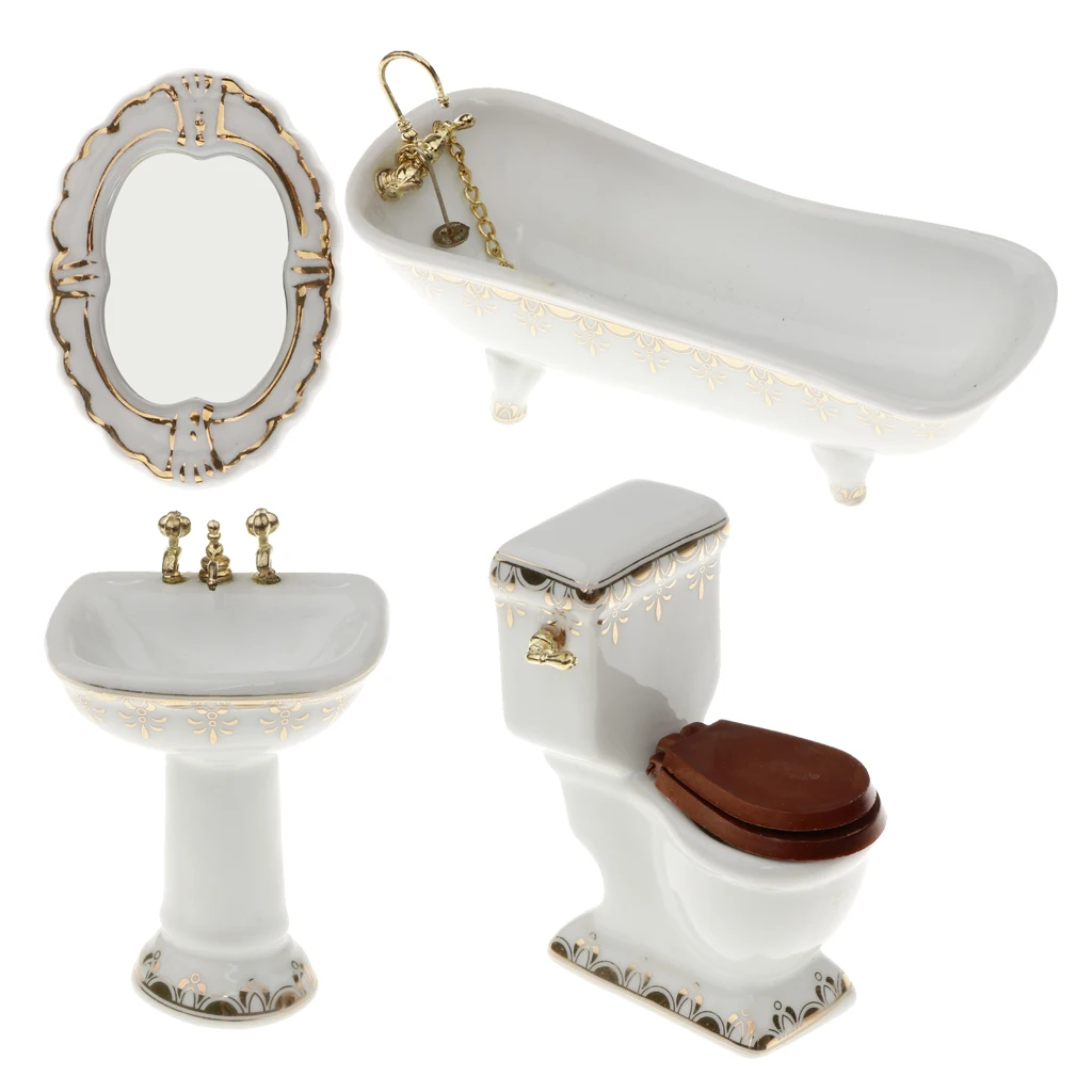 Dollhouse Bathroom 4 Piece Set, Tub Sink Toilet & Mirrow, Miniature Dolls  House Accessories, White 1/12 Scale