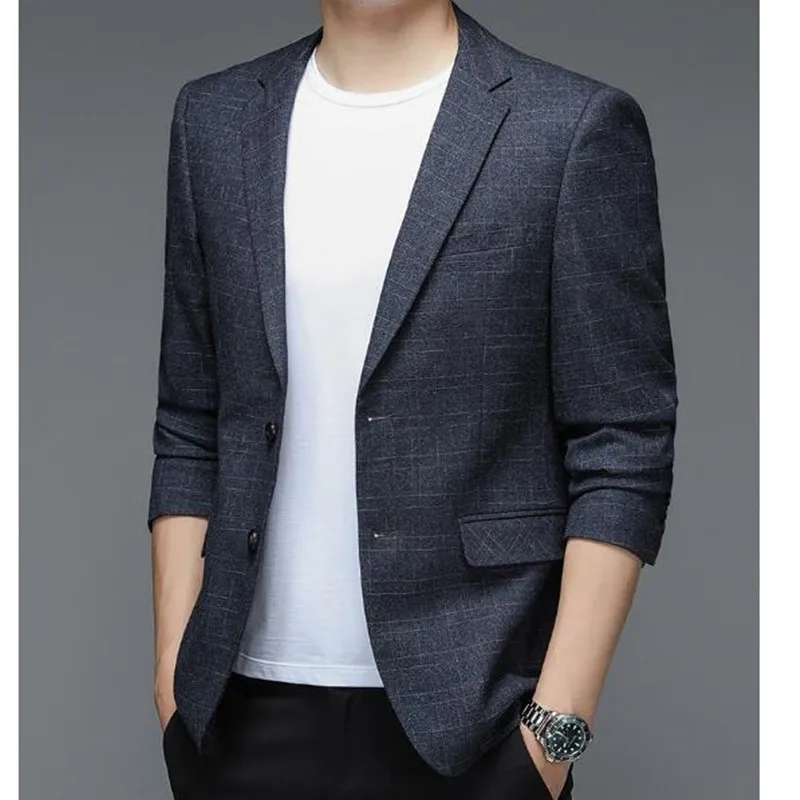 

2022 Spring New Men Blazer Jacket Fashion Casual Grid Suit Men Slim Fit Business Blazer Wedding Dress Suit