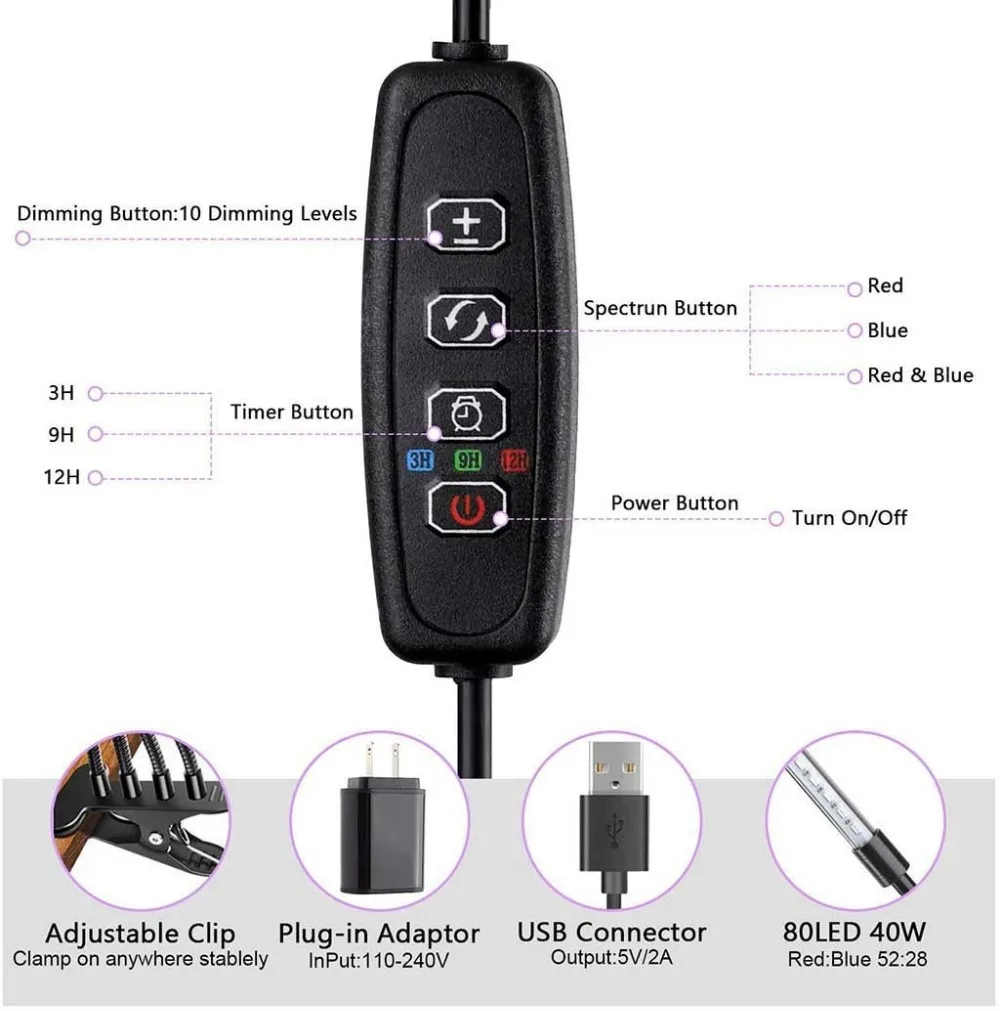 4pcs growth light clip plant light 24 hours cycle timing plant fill light indoor plant light 40W 80 LED bulb growth light 30D2 (2) - 副本