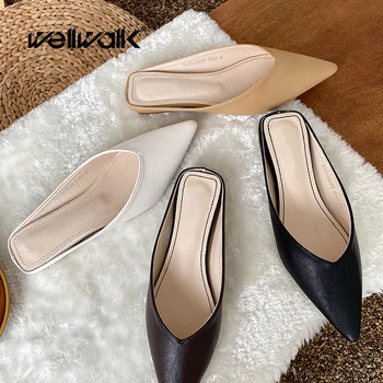 

Plain Mule Slippers Women Flat Shoes Pointed Toe Female Concise Style Slides Open Back Loafer Slip On Inside Higher Slipper Lady