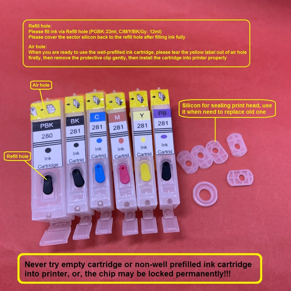 

PGI280 PGI-280XL CLI-281XL PGI-280 CLI-281 Empty Refillable Ink Cartridge for Canon PIXMA TS8120 TS9120 TR7520 TR8520 TS6120