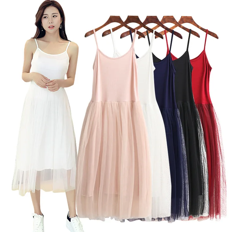 

2019 Spring Summer New Style Voile Dress WOMEN'S Dress Sweet Camisole Puffy Slim Fit Render Vest Skirt Long Skirts