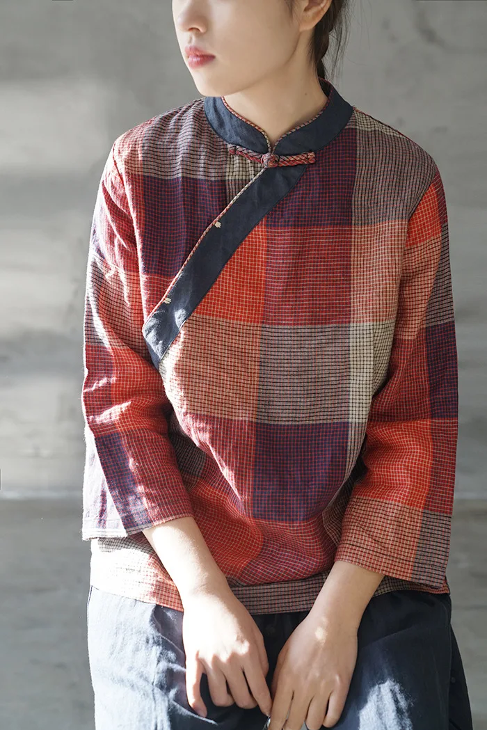 

Original Guofeng Vertical Collar, Slant Lapel, Color Woven Plaid Shirt, Retro Contrast Linen Tea Top