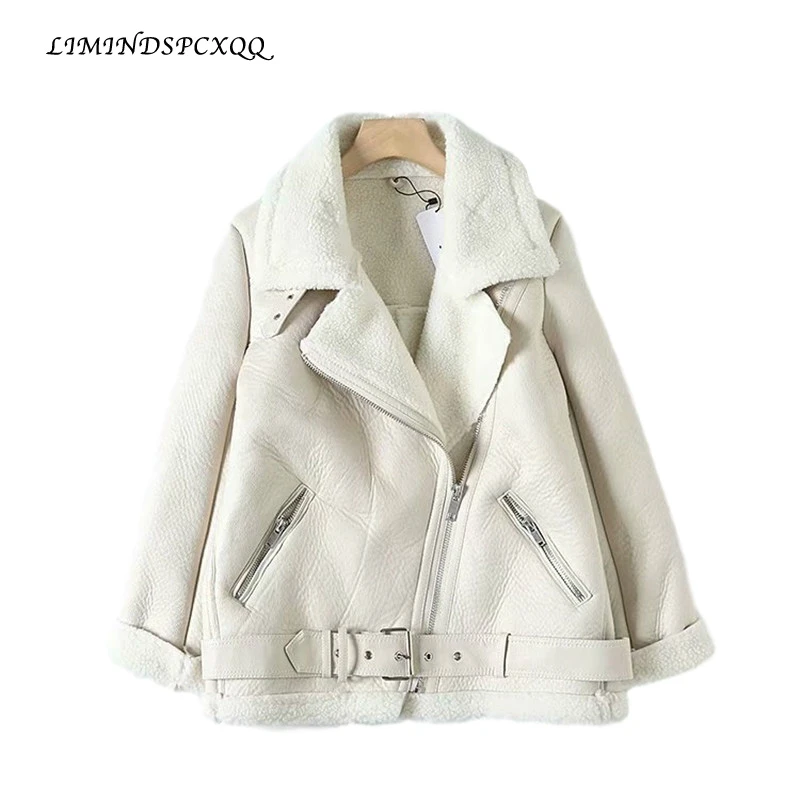 

Women Beige Fur Faux Leather Jacket Coat With Belt Turn Down Collar Ladies 2021 Winter Jacket Women Thick Warm Oversized Coat
