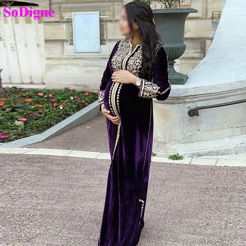 

SoDigne Karakou Algerian Caftan Evening Dresses Women Pregnant Velvet Long Sleeve Formal Dress Party Gown