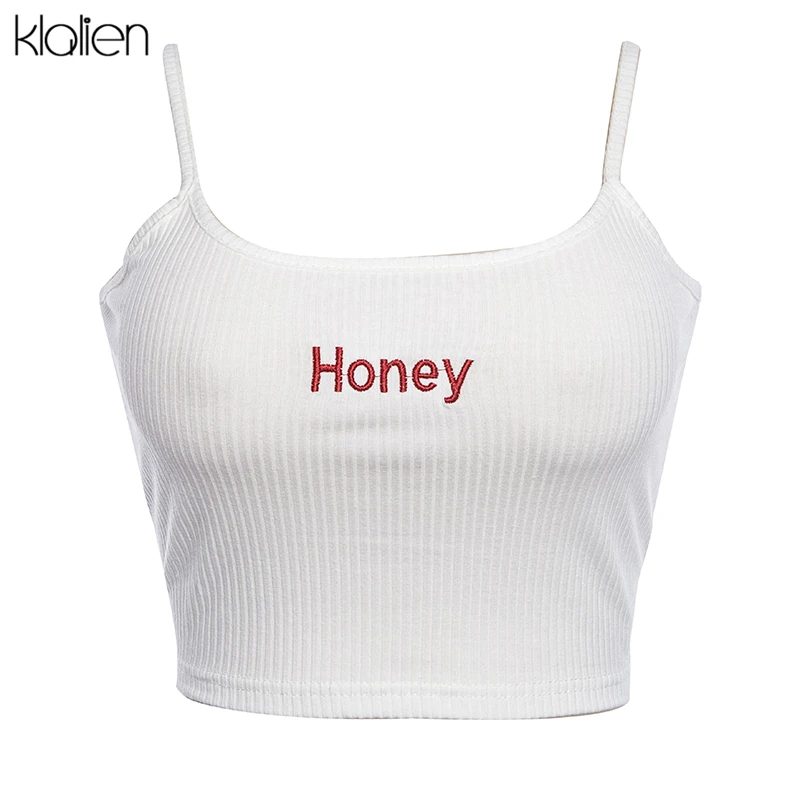 KLALIEN, новинка, модные женские топы, красные, белые, с надписью "honey", с принтом, сексуальные, обтягивающие, повседневные, без рукавов, камзол, кроп-топ - Цвет: Белый