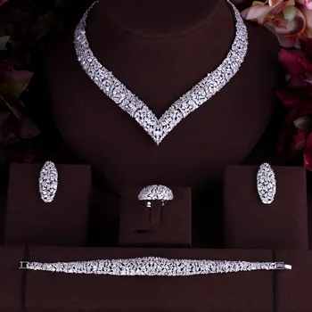 

Accking Luxury 4pcs Nigerian Dubai Jewelry Sets For Women Cubic Zircon Wedding Bridal V-shape set