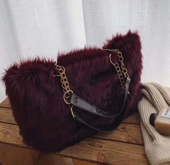Бургундия Новые сумки большого размера для женщин плюшевые меховые сумки модные женские дизайнерские сумки для покупок с металлическим ремешком зимние сумки M380 - Цвет: Бургундия