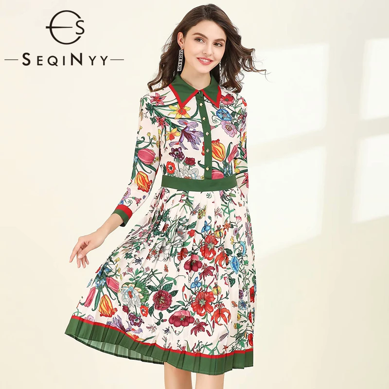 

SEQINYY Fashion Dress 2020 Summer Spring New Fashion Design Women Coloful Green Red Flowers Printed Knee Dress
