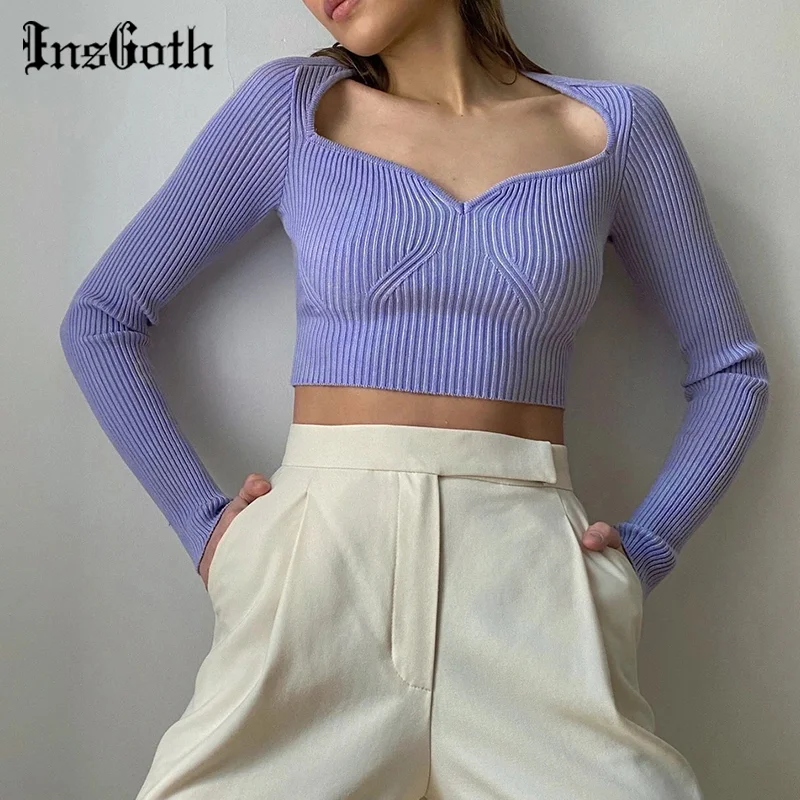 

InsGoth Casual Bodycon Long Sleeve Crop Tops Solid Baisc Sexy Knitted Clothing Fashion Streetwear Female Tops Autumn New 2020