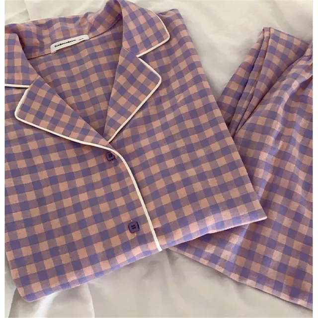 CAIYIER Korean Purple Grid Girls Pajamas Set Cute Winter Long Sleeve Leisure Sleepwear For Women Loose Nightwear Homewear Suit 6