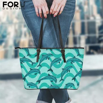 

FORUDESIGNS Women Casual Tote Handbags Cute Animal Dolphin Pattern Pu Leather Storage Bag With Zipper Ladies Luxury Shoulder Bag