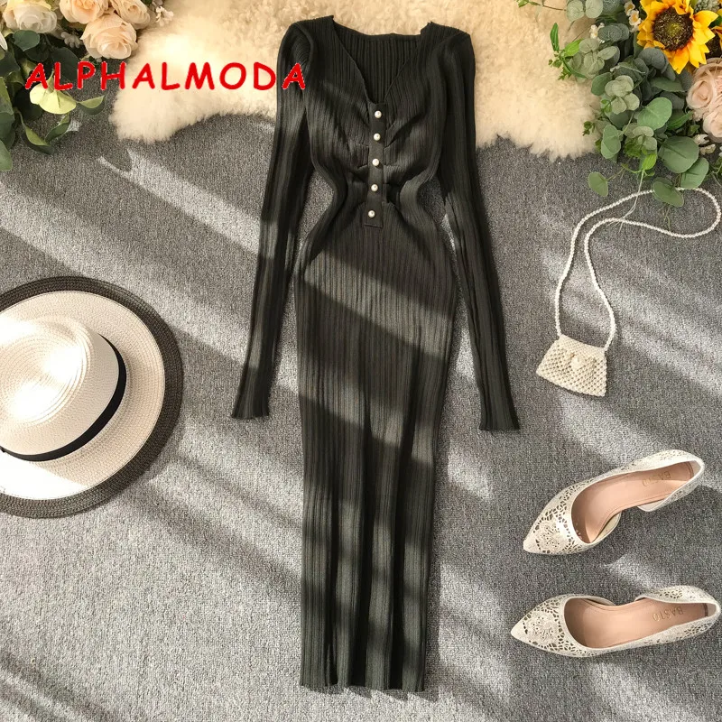 ALPHALMODA сексуальное осенне-зимнее женское новое платье Плиссированное с v-образным