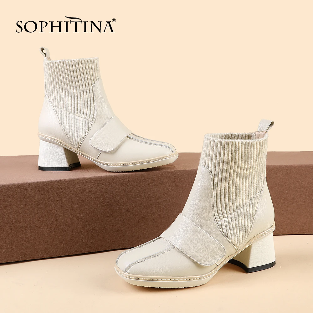

SOPHITINA Special Design Women's Boots High Quality Genuine Leather New Round Toe Shoes Comfortable Round Heel Solid Boots MO259