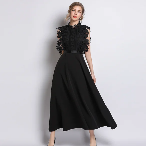 Black Lace Patchwork Big Swing Maxi Dress 2020 Women's Sleeveless Vintage Slim High Waist Runway Long DG79 | Женская одежда
