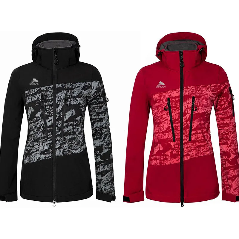 

New Lady Printing Hooded SoftShell Outdoor Jacket Women Hiking Camping Fleece Lining Coat Trekking Water Resistant Sport Jackets
