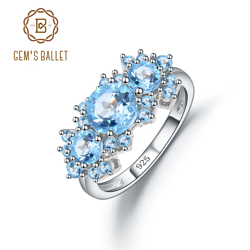 

GEM'S BALLET Real 925 Sterling Silver Gemstone Ring Natural Sky Blue Topaz Emerald Birthstone Rings For Women Fine Jewelry