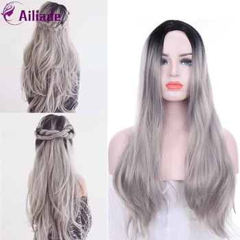 

AILIADE Synthetic Wigs Long Straight Layered Hairstyle Ombre Black Gray Full Wigs for Women Heat Resistant Wigs