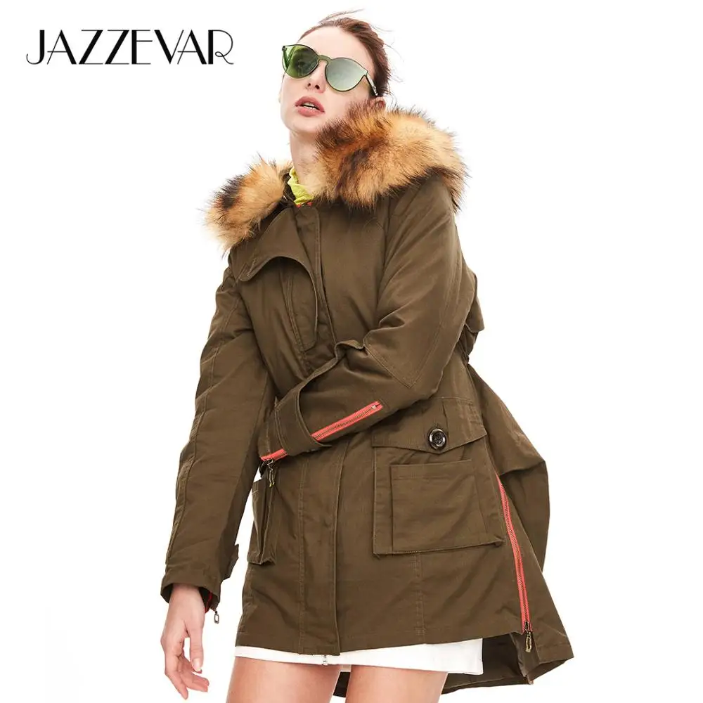 JAZZEVAR 2019 Новинка зимняя куртка пальто женские парки армейский зеленый большой воротник из меха енота с капюшоном женская верхняя одежда свободная одежда - изображение