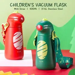 Children's Vacuum Flask 400ml With Straw Water Cup Sealed Leak-Proof Thermos Stainless Steel Portable Baby Milk Bottle