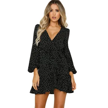 

Fashion Women V-Neck Lantern Sleeve Polka Dot Print Ruffles Open Fork Mini Dress