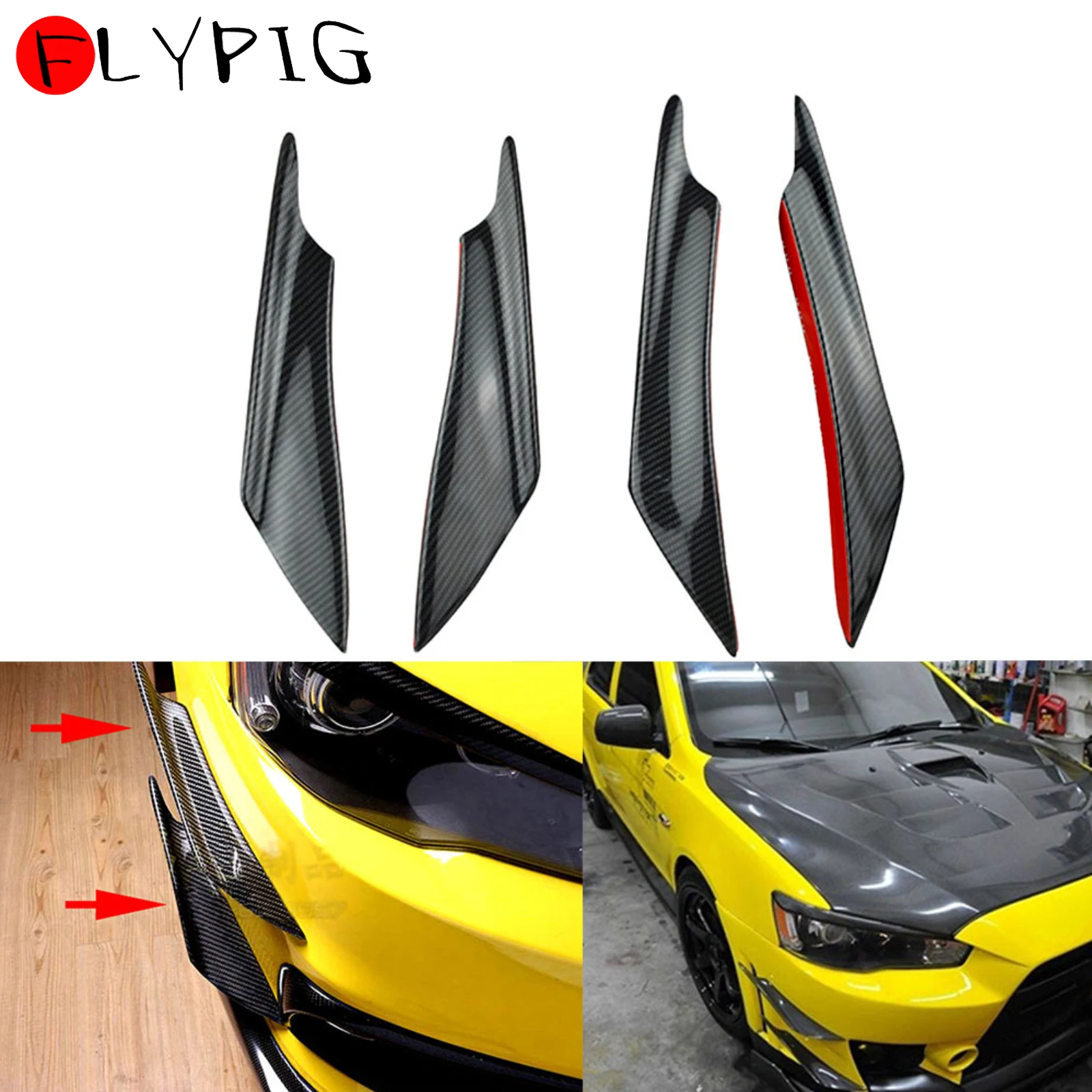 FLYPIG 4Pcs ABS Carbon Fiber Pattern Car Front Bumper Lip Rubber Fin Splitter Body Spoiler Canards Spoiler For Mitsubishi Civic