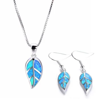 

Fashion Elegant Leaves Necklace Earrings jewelry set Trendy women Fire Opal Pendant Necklace for girl friend best gift