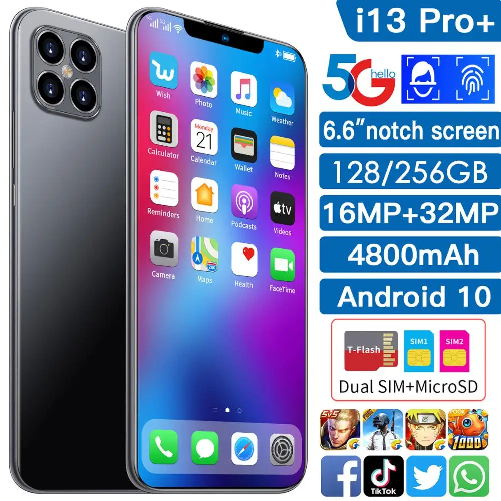 I13 Pro+ Mobile Phone 6.6 inch 8GB 256GB ROM 16