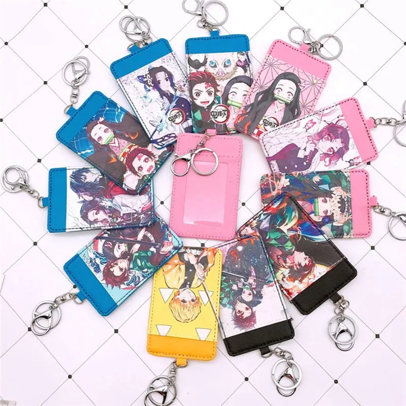 

1Pc Anime Demon Slayer: Kimetsu no Yaiba Card Case Cover With Keychain Keyring PU Leather Staff Card ID Card Bus Card Cover Bag