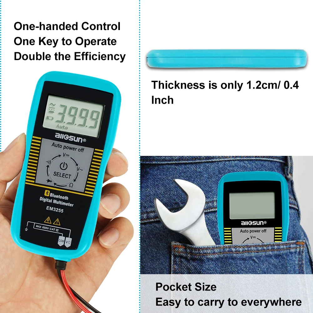 Pocket Auto Digital Multimeter Bluetooth-Compatible Measure DC and AC Voltage, Resistance, Diode and Continuity All-sun EM3255