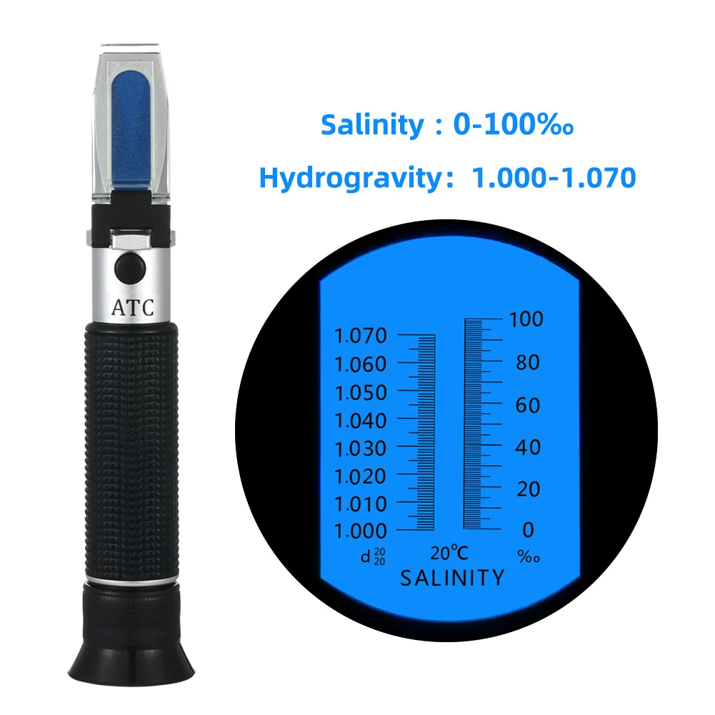 Carrfan Salzgehalt Refraktometer Handheld Meerwasser Hydrometer Tragbares ATC Refraktometer Dual Scale 0-100 ‰ & 1.000-1.070 mit spezifischem Gewicht für Aquarium Meerwasser Pool Aquarien
