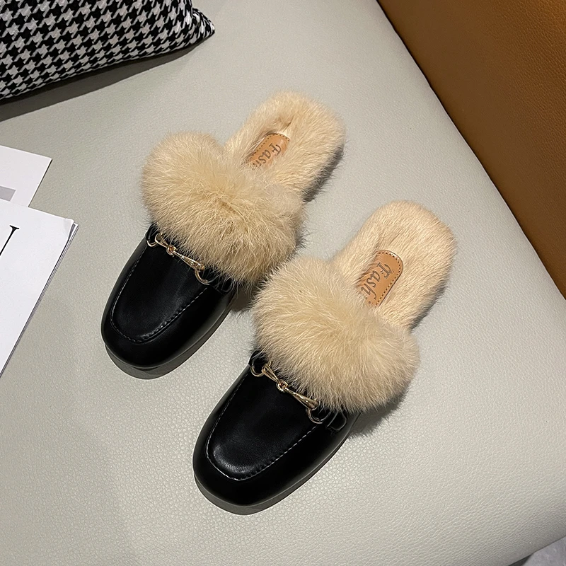AutumnWinter New Metal Buckle Mules Women Shoes Real Fur Loafers Pregnant Shoes Women Furry Slides Fluffy Baotou Slippers
